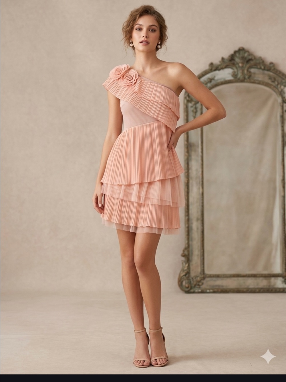 Ryu One-Shoulder Tiered Pleated Mini Dress in Blush Pink